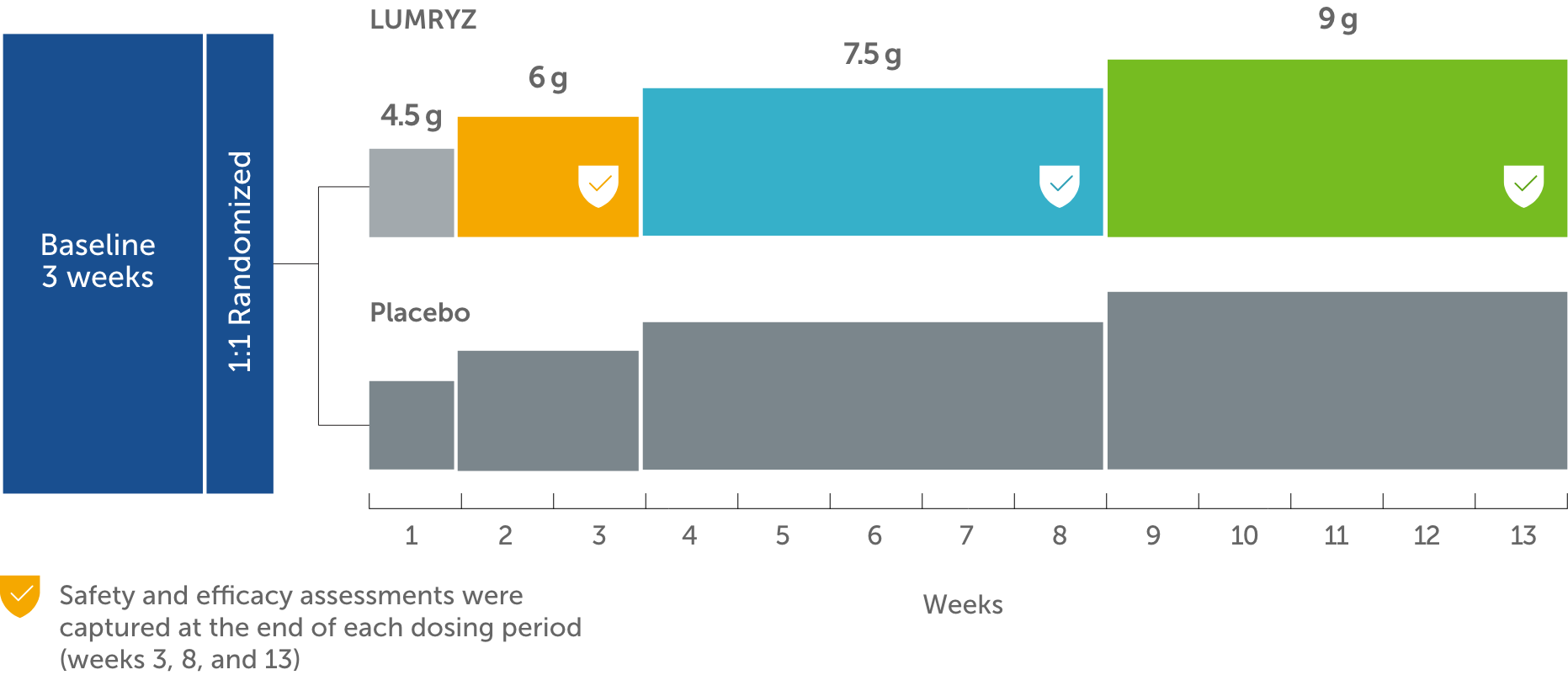 Diagram of clinical trial design showing baseline as 3 weeks, followed by 1:1 randomized trial between LUMRYZ and placebo, with safety and efficacy assessments captured at the end of each dosing period (weeks 3, 8, and 13)”