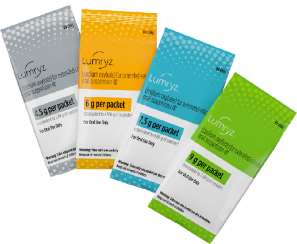 LUMRYZ packets with each dosing strength of 4.5 g, 6 g, 7.5 g, and 9 g